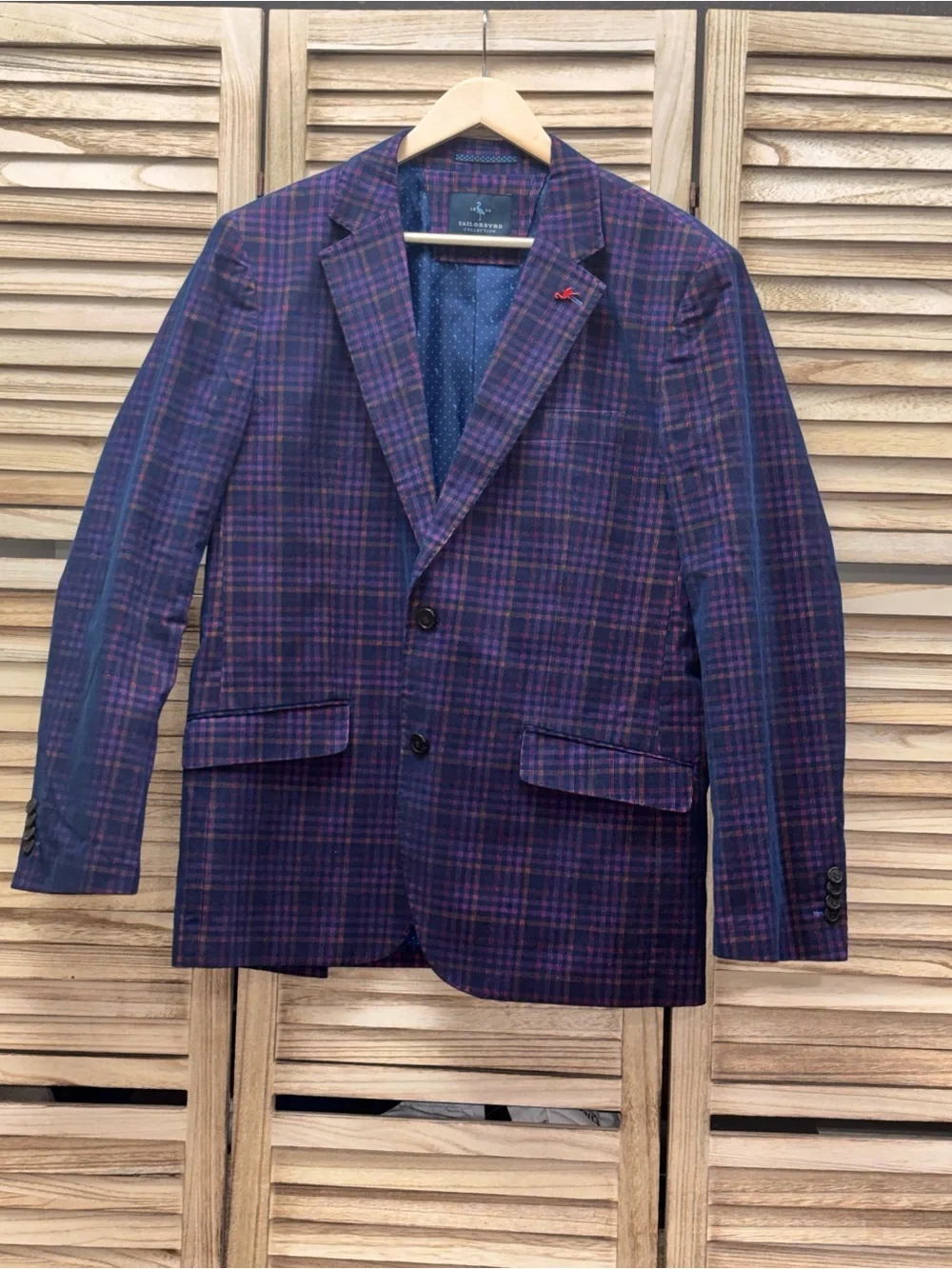 Tailorbyrd Men's Multicolor Purple Plaid Corduroy Blazer – 42R